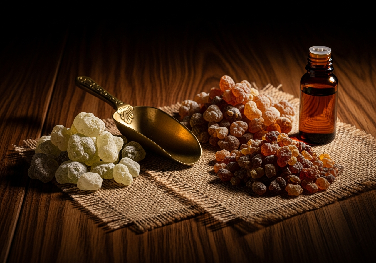 Premium frankincense resin tears sorted by grade on dark wood