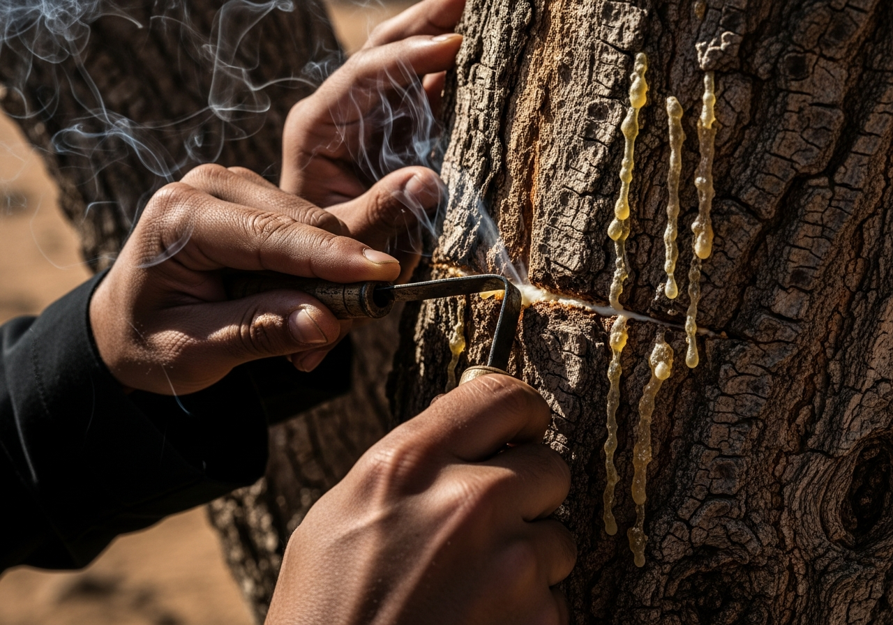 Frankincense resin being harvested from a Boswellia sacra tree in Dhofar